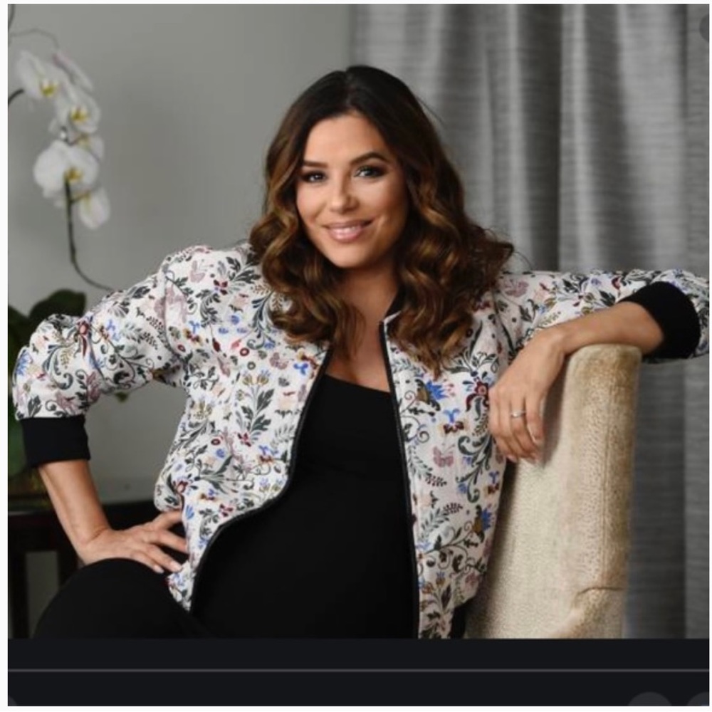 Eva Longoria Floral Jacquard Bomber Jacket